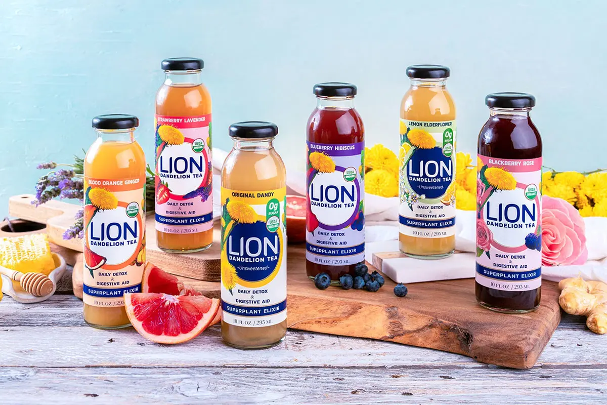 鲜艳的本色和植物插画包装设计 Lion蒲公英饮料包装设计