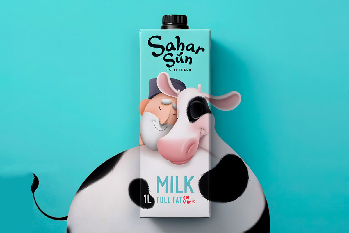 伊朗Sahar Sun牛奶包装-自农民与牛插画设计