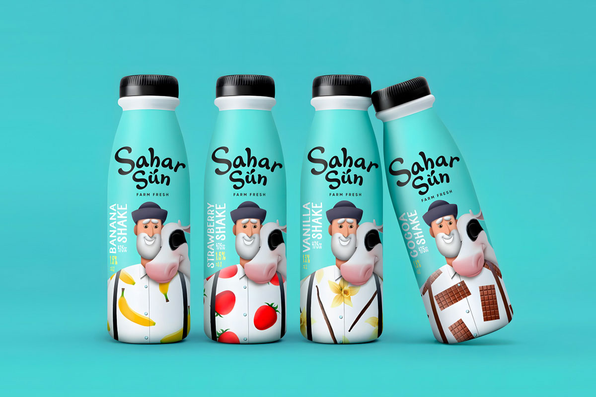 伊朗Sahar Sun牛奶包装-自农民与牛插画设计
