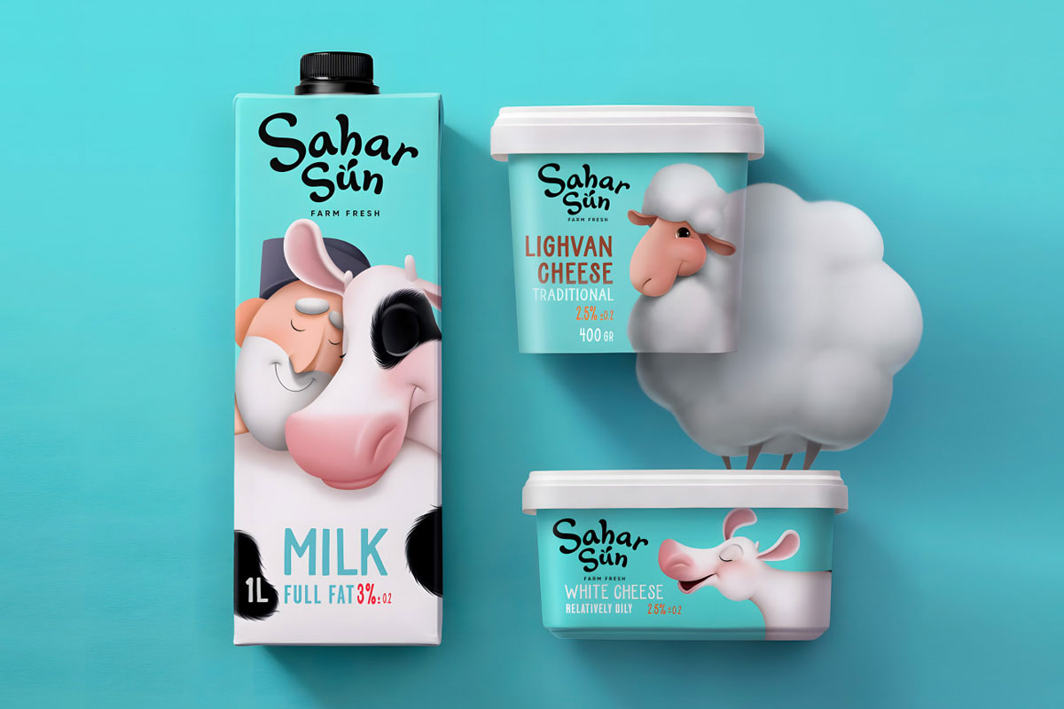 伊朗Sahar Sun牛奶包装-自农民与牛插画设计